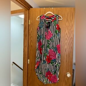 Papa-Vancouver…Sleeveless Striped Floral Midi Dress - Black, White & Pink/ large